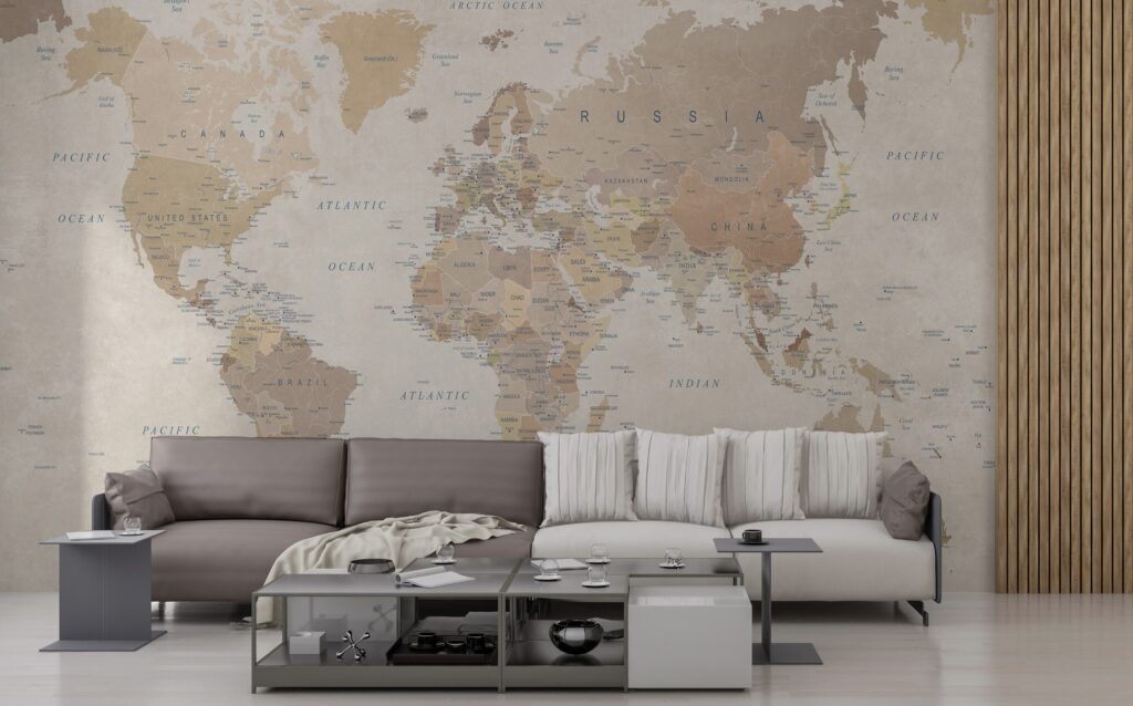 Classic Political World Map Wallpaper : Soft Beige Map Mural