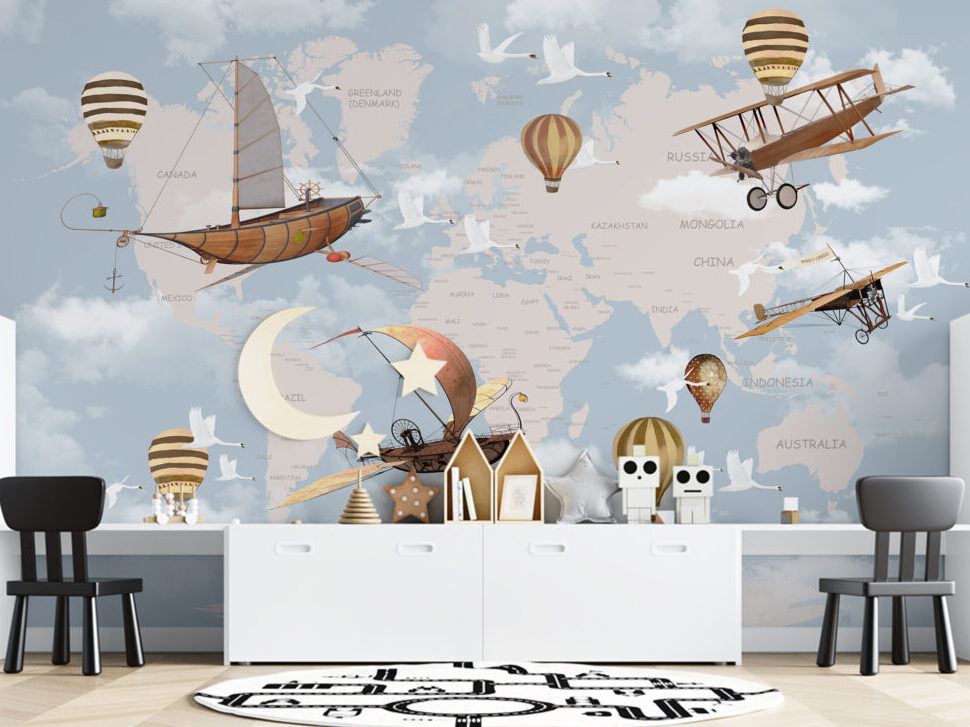 Sky Kids World Map Wallpaper : Flying Ships and Balloons Mural