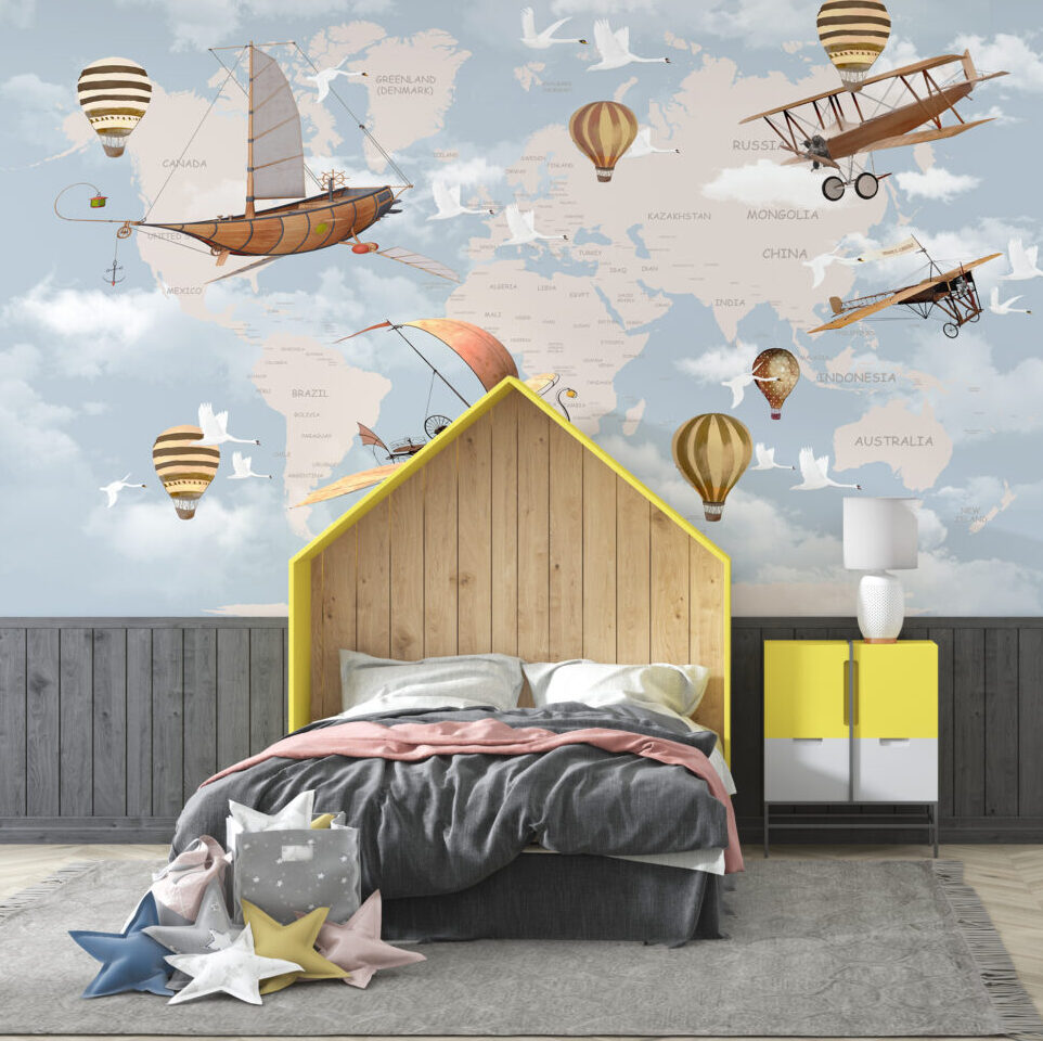Sky Kids World Map Wallpaper : Flying Ships and Balloons Mural - View 2