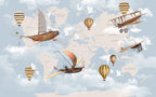 Sky Kids World Map Wallpaper : Flying Ships and Balloons Mural - flat design
