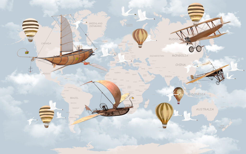 Sky Kids World Map Wallpaper : Flying Ships and Balloons Mural - flat design