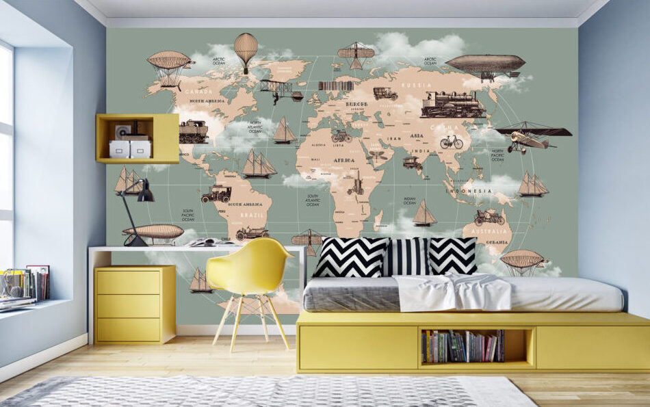 Vintage Transport World Map Wallpaper : Sage Ships and Trains Kids Mural