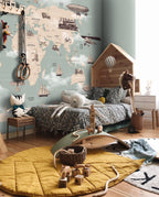 Vintage Transport World Map Wallpaper : Sage Ships and Trains Kids Mural - View 5