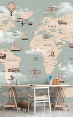 Vintage Transport World Map Wallpaper : Sage Ships and Trains Kids Mural - View 4