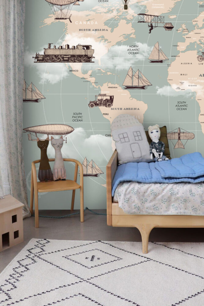 Vintage Transport World Map Wallpaper : Sage Ships and Trains Kids Mural - View 3