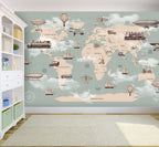 Vintage Transport World Map Wallpaper : Sage Ships and Trains Kids Mural - View 2