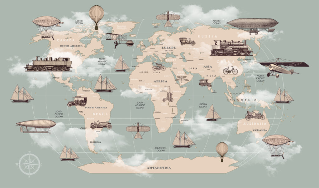 Vintage Transport World Map Wallpaper : Sage Ships and Trains Kids Mural - flat design