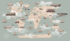 Vintage Transport World Map Wallpaper : Sage Ships and Trains Kids Mural - flat design