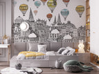 Hot Air Balloon City Wallpaper : Sketched Skyline Mural - View 3