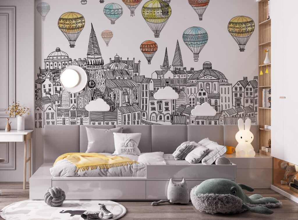 Hot Air Balloon City Wallpaper : Sketched Skyline Mural - View 3