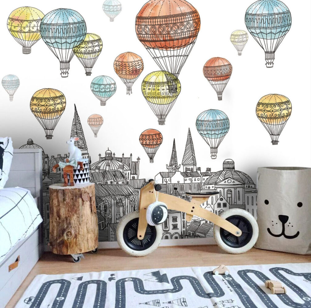 Hot Air Balloon City Wallpaper : Sketched Skyline Mural - View 6