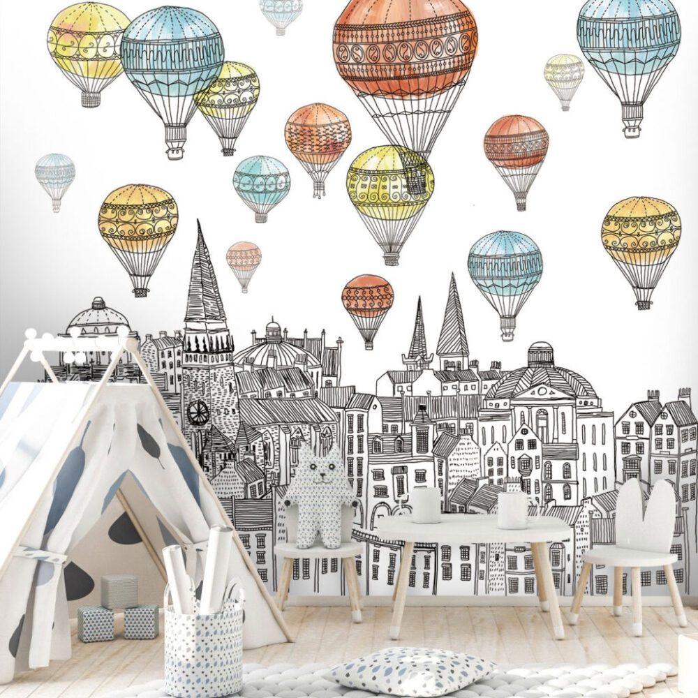Hot Air Balloon City Wallpaper : Sketched Skyline Mural - View 5