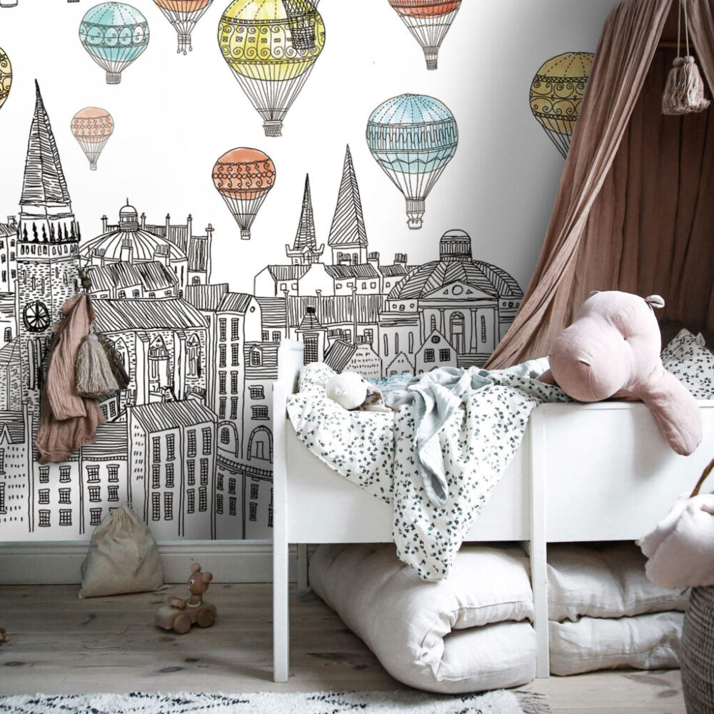 Hot Air Balloon City Wallpaper : Sketched Skyline Mural - View 4
