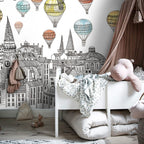 Hot Air Balloon City Wallpaper : Sketched Skyline Mural - View 4