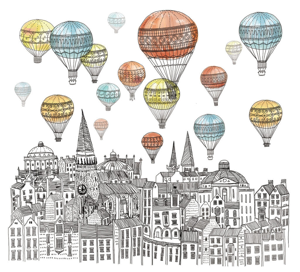 Hot Air Balloon City Wallpaper : Sketched Skyline Mural - View 2