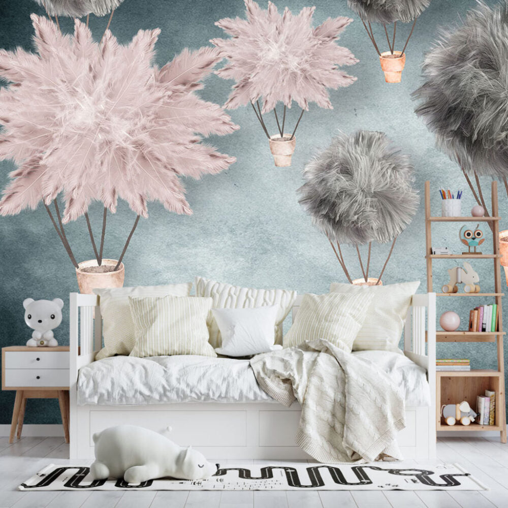 Fluffy Balloon Wallpaper : Dreamy Feather Hot Air Balloons Mural - View 5
