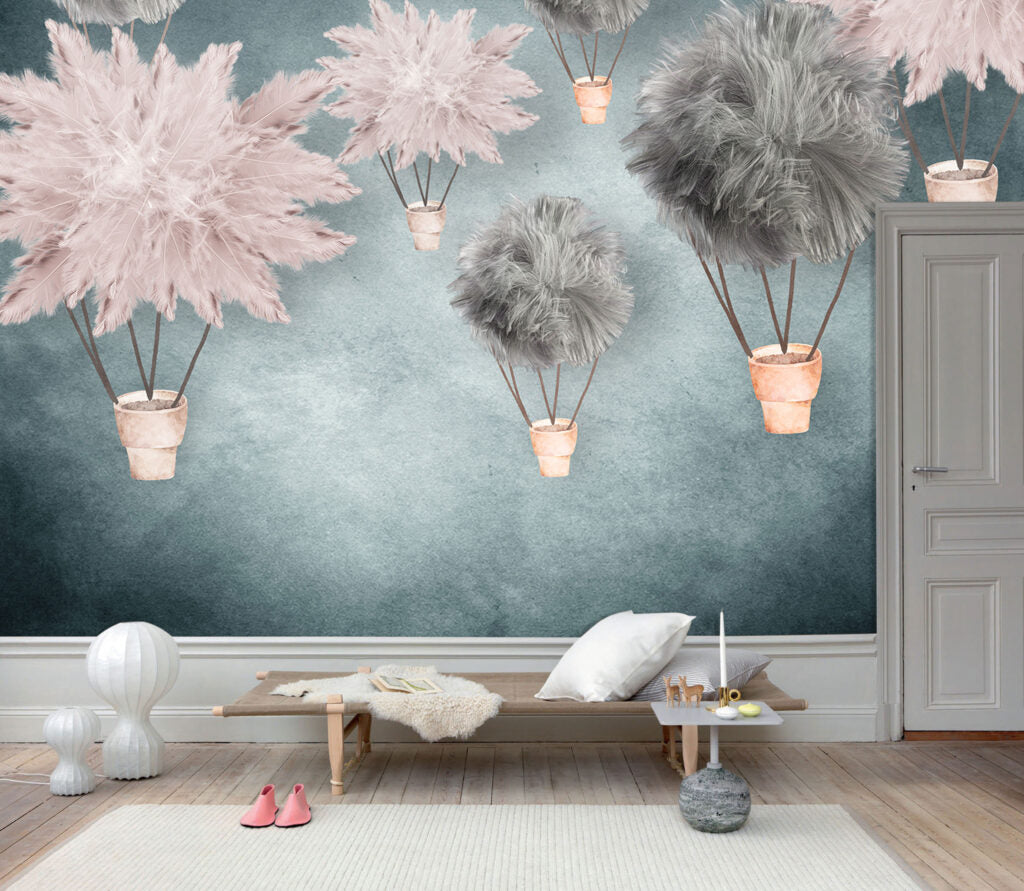 Fluffy Balloon Wallpaper : Dreamy Feather Hot Air Balloons Mural - View 4