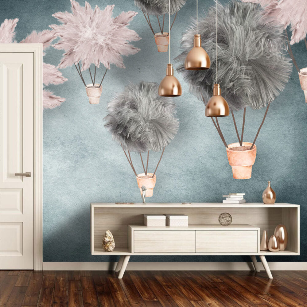 Fluffy Balloon Wallpaper : Dreamy Feather Hot Air Balloons Mural - View 3