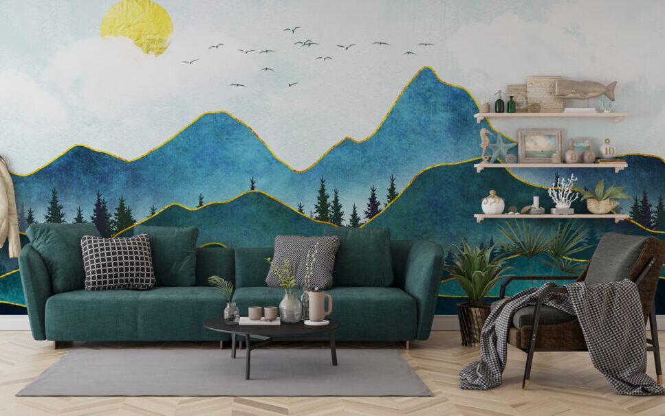 Layered Mountains Wallpaper : Teal Peaks with Gold Lines Mural
