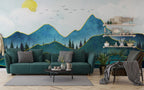 Layered Mountains Wallpaper : Teal Peaks with Gold Lines Mural