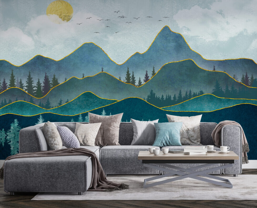Layered Mountains Wallpaper : Teal Peaks with Gold Lines Mural - View 3