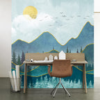 Layered Mountains Wallpaper : Teal Peaks with Gold Lines Mural - View 4
