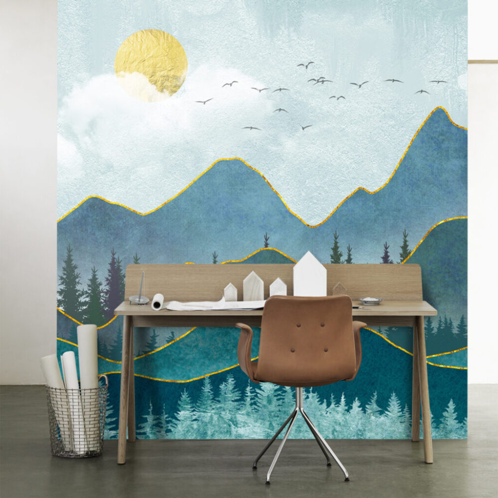 Layered Mountains Wallpaper : Teal Peaks with Gold Lines Mural - View 4