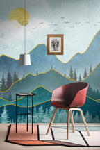 Layered Mountains Wallpaper : Teal Peaks with Gold Lines Mural - View 5