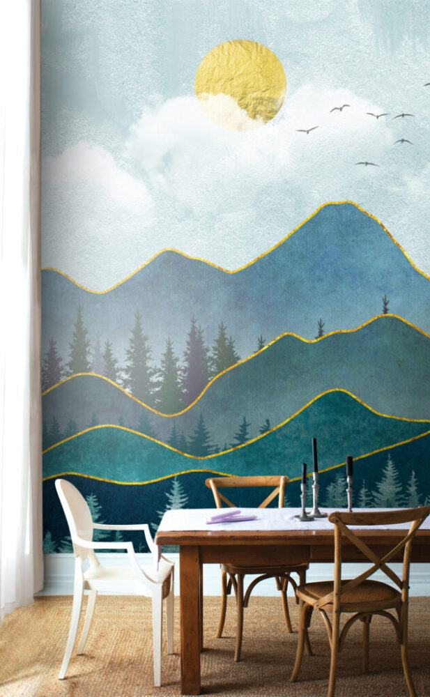 Layered Mountains Wallpaper : Teal Peaks with Gold Lines Mural - View 6