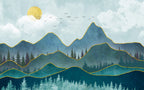 Layered Mountains Wallpaper : Teal Peaks with Gold Lines Mural - View 2