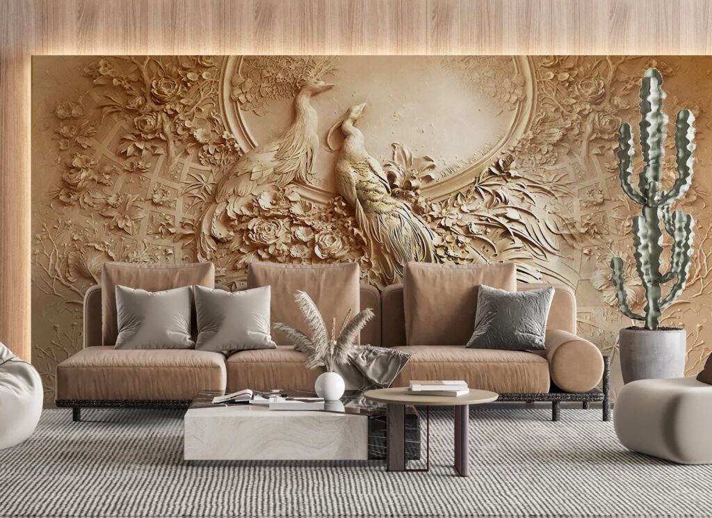Carved Bird Relief Wallpaper : 3D Effect Beige Floral Mural