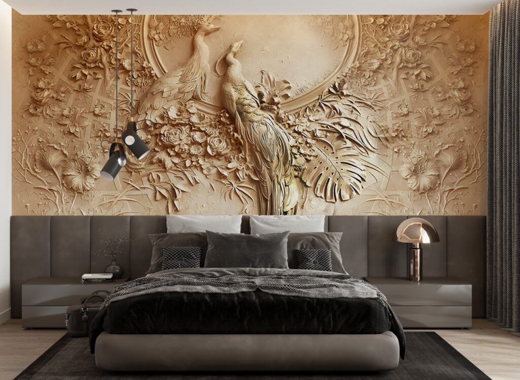 Carved Bird Relief Wallpaper : 3D Effect Beige Floral Mural - View 6