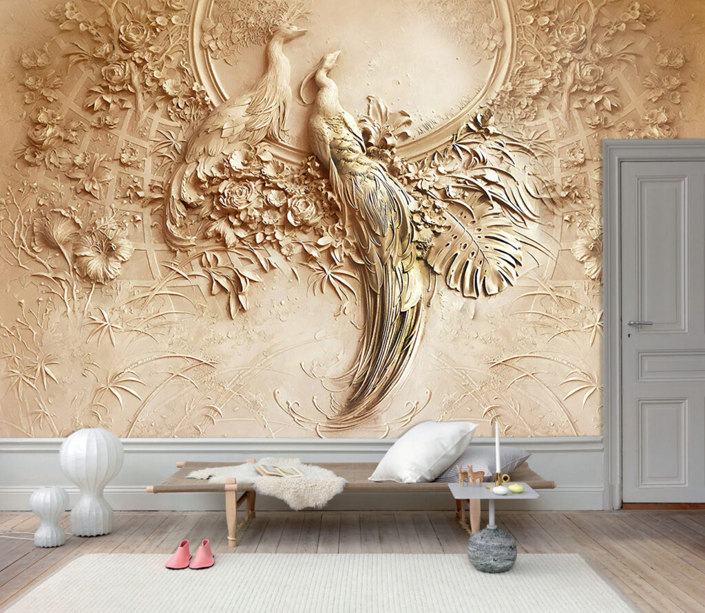 Carved Bird Relief Wallpaper : 3D Effect Beige Floral Mural - View 5