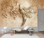 Carved Bird Relief Wallpaper : 3D Effect Beige Floral Mural - View 5