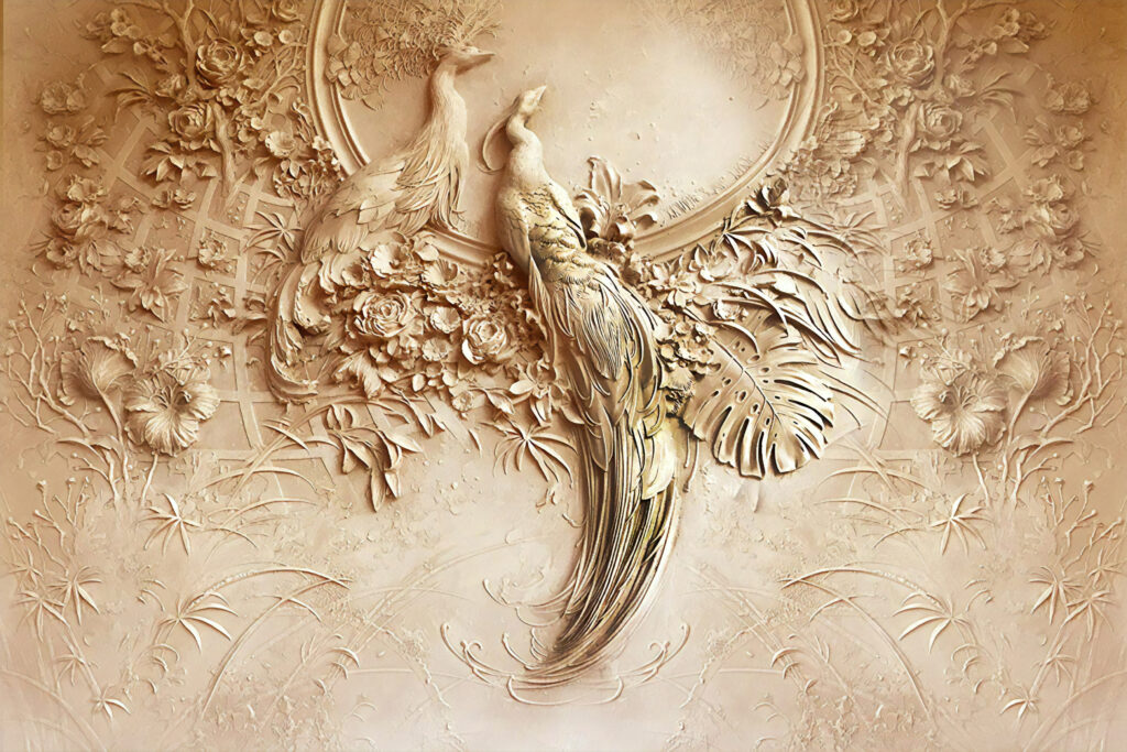 Carved Bird Relief Wallpaper : 3D Effect Beige Floral Mural - View 2