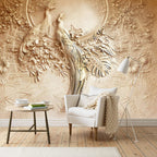 Carved Bird Relief Wallpaper : 3D Effect Beige Floral Mural - View 4