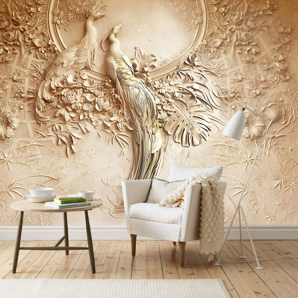 Carved Bird Relief Wallpaper : 3D Effect Beige Floral Mural - View 4