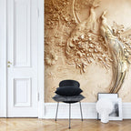 Carved Bird Relief Wallpaper : 3D Effect Beige Floral Mural - View 3