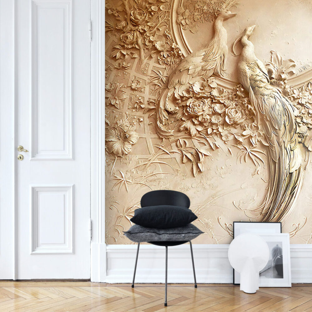 Carved Bird Relief Wallpaper : 3D Effect Beige Floral Mural - View 3