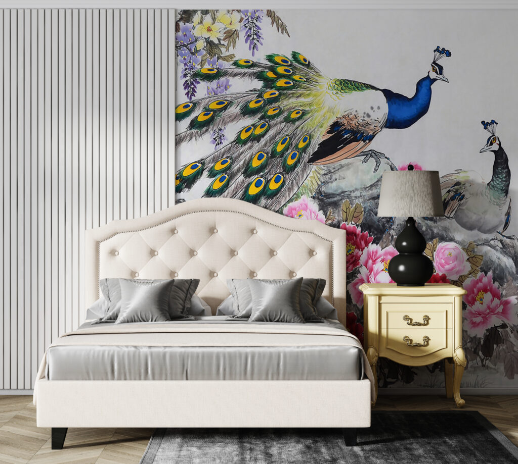 Peacock Peony Wallpaper : Painted Peacock and Pink Blooms Mural