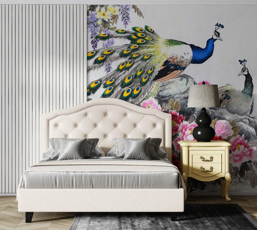Peacock Peony Wallpaper : Painted Peacock and Pink Blooms Mural