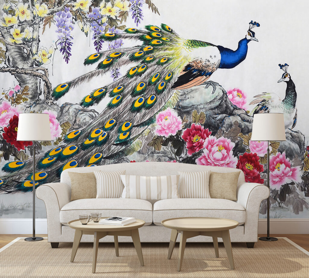 Peacock Peony Wallpaper : Painted Peacock and Pink Blooms Mural - View 3
