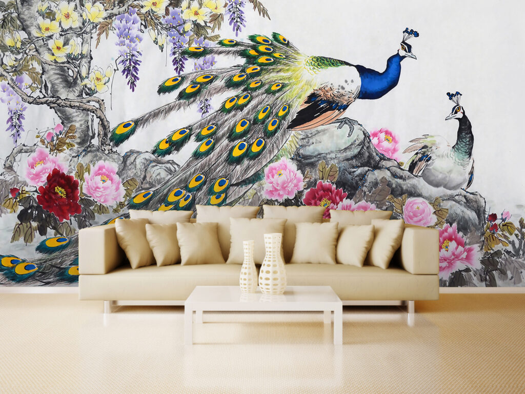 Peacock Peony Wallpaper : Painted Peacock and Pink Blooms Mural - View 6