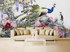 Peacock Peony Wallpaper : Painted Peacock and Pink Blooms Mural - View 6