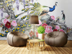 Peacock Peony Wallpaper : Painted Peacock and Pink Blooms Mural - View 5