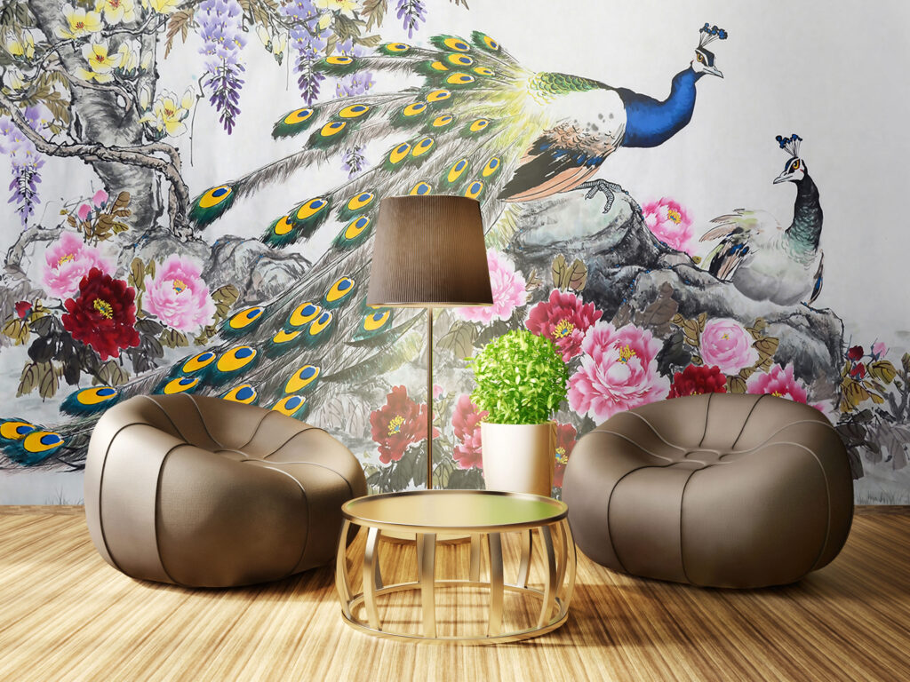 Peacock Peony Wallpaper : Painted Peacock and Pink Blooms Mural - View 5