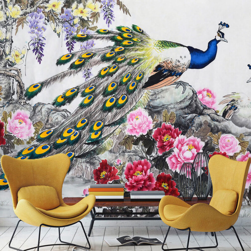 Peacock Peony Wallpaper : Painted Peacock and Pink Blooms Mural - View 4