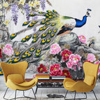 Peacock Peony Wallpaper : Painted Peacock and Pink Blooms Mural - View 4