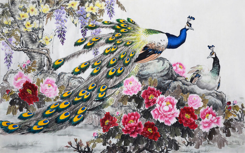 Peacock Peony Wallpaper : Painted Peacock and Pink Blooms Mural - View 2