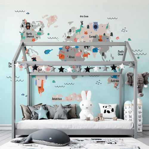 Mint Kids Animal Map Wallpaper : Folk Motif World Mural